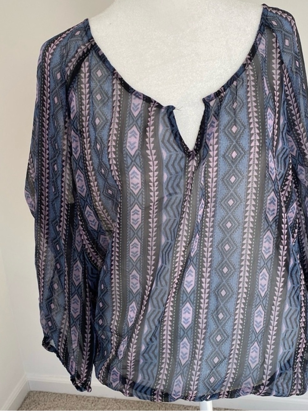 American Eagle Sheer Blue Purple Print Top Size XL | Boho Blouse